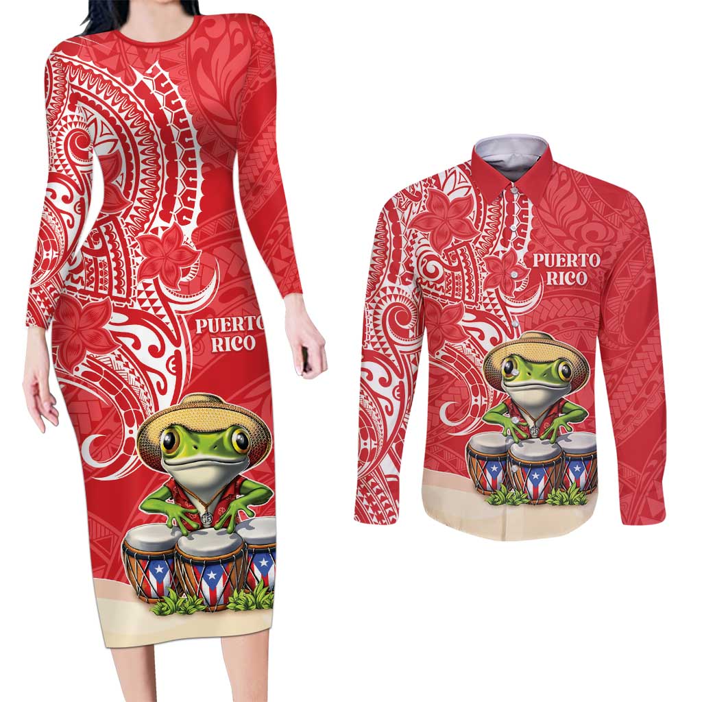 Personalized Puerto Rico Couples Matching Long Sleeve Bodycon Dress and Long Sleeve Button Shirt Coqui Frog With Polynesian Pattern LT05 Red - Polynesian Pride