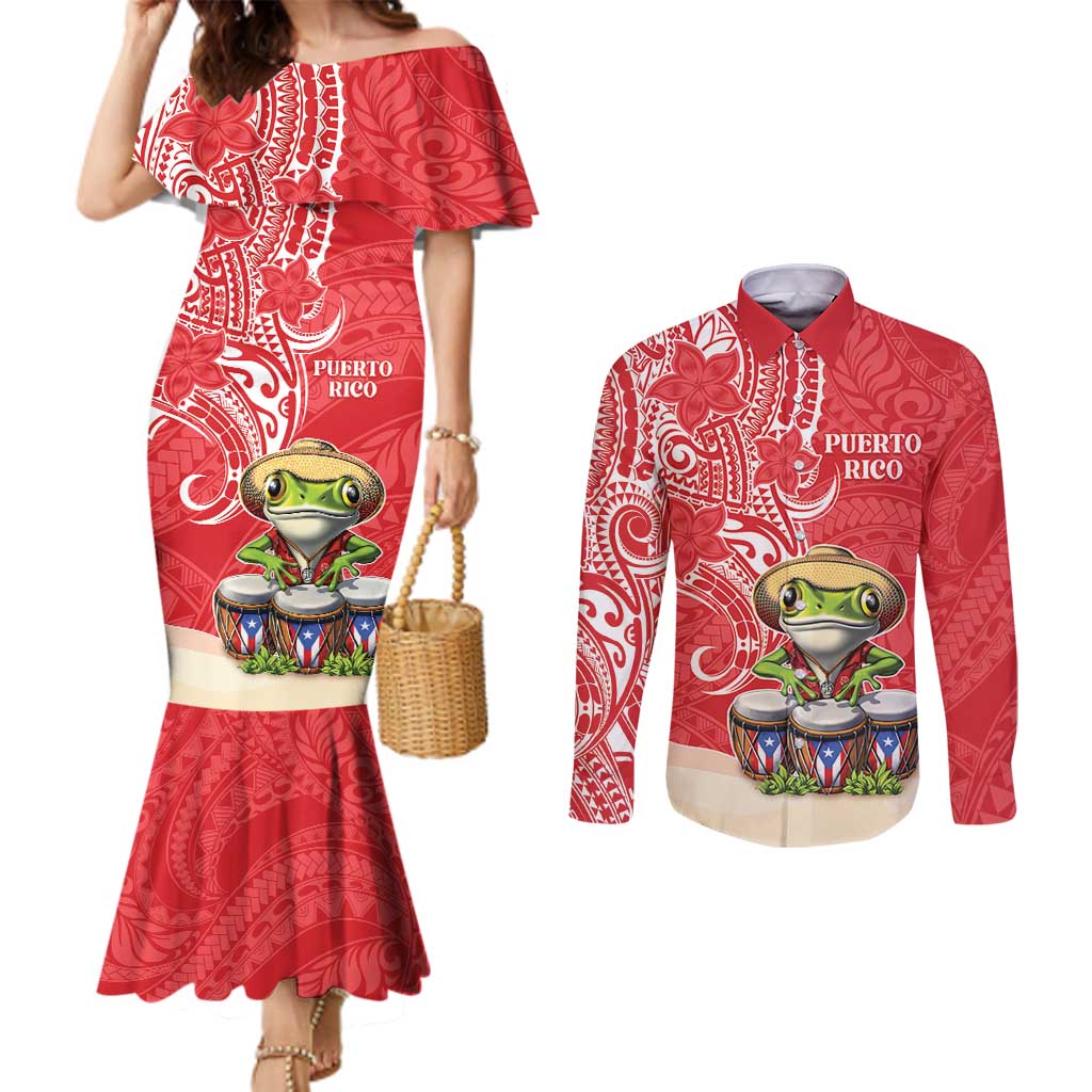 Personalized Puerto Rico Couples Matching Mermaid Dress and Long Sleeve Button Shirt Coqui Frog With Polynesian Pattern LT05 Red - Polynesian Pride