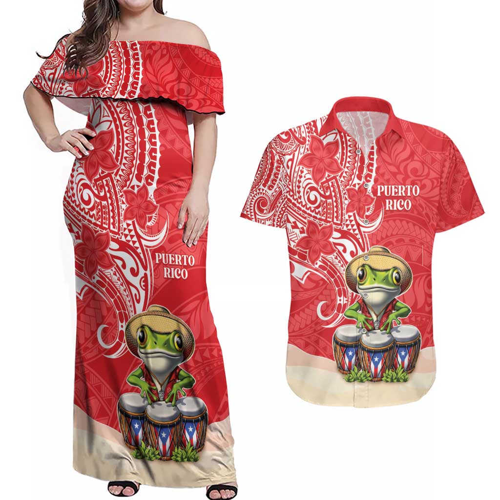 Personalized Puerto Rico Couples Matching Off Shoulder Maxi Dress and Hawaiian Shirt Coqui Frog With Polynesian Pattern LT05 Red - Polynesian Pride