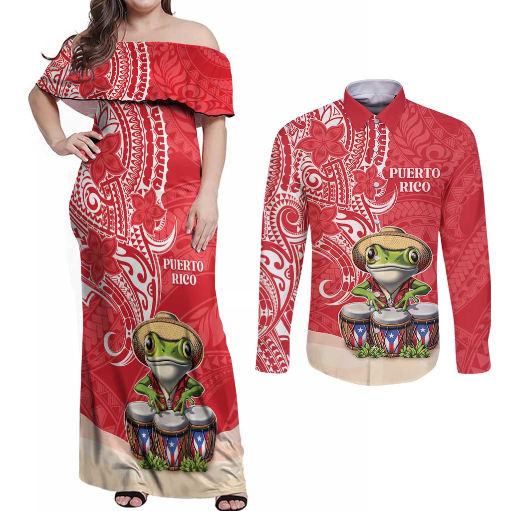 Personalized Puerto Rico Couples Matching Off Shoulder Maxi Dress and Long Sleeve Button Shirt Coqui Frog With Polynesian Pattern LT05 Red - Polynesian Pride