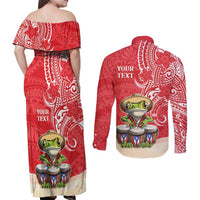 Personalized Puerto Rico Couples Matching Off Shoulder Maxi Dress and Long Sleeve Button Shirt Coqui Frog With Polynesian Pattern LT05 - Polynesian Pride
