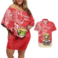 Personalized Puerto Rico Couples Matching Off Shoulder Short Dress and Hawaiian Shirt Coqui Frog With Polynesian Pattern LT05 Red - Polynesian Pride