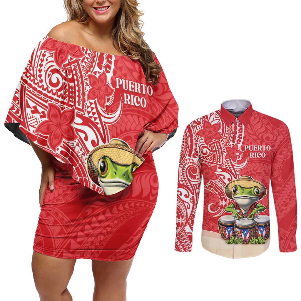 Personalized Puerto Rico Couples Matching Off Shoulder Short Dress and Long Sleeve Button Shirt Coqui Frog With Polynesian Pattern LT05 Red - Polynesian Pride