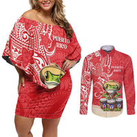 Personalized Puerto Rico Couples Matching Off Shoulder Short Dress and Long Sleeve Button Shirt Coqui Frog With Polynesian Pattern - Polynesian Pride