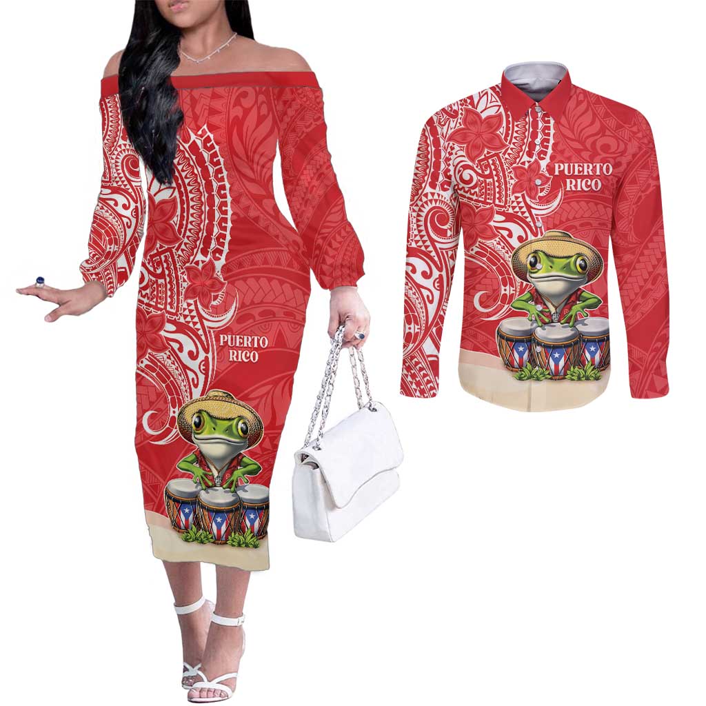 Personalized Puerto Rico Couples Matching Off The Shoulder Long Sleeve Dress and Long Sleeve Button Shirt Coqui Frog With Polynesian Pattern LT05 Red - Polynesian Pride