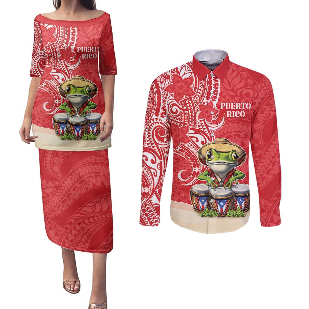 Personalized Puerto Rico Couples Matching Puletasi and Long Sleeve Button Shirt Coqui Frog With Polynesian Pattern LT05 Red - Polynesian Pride