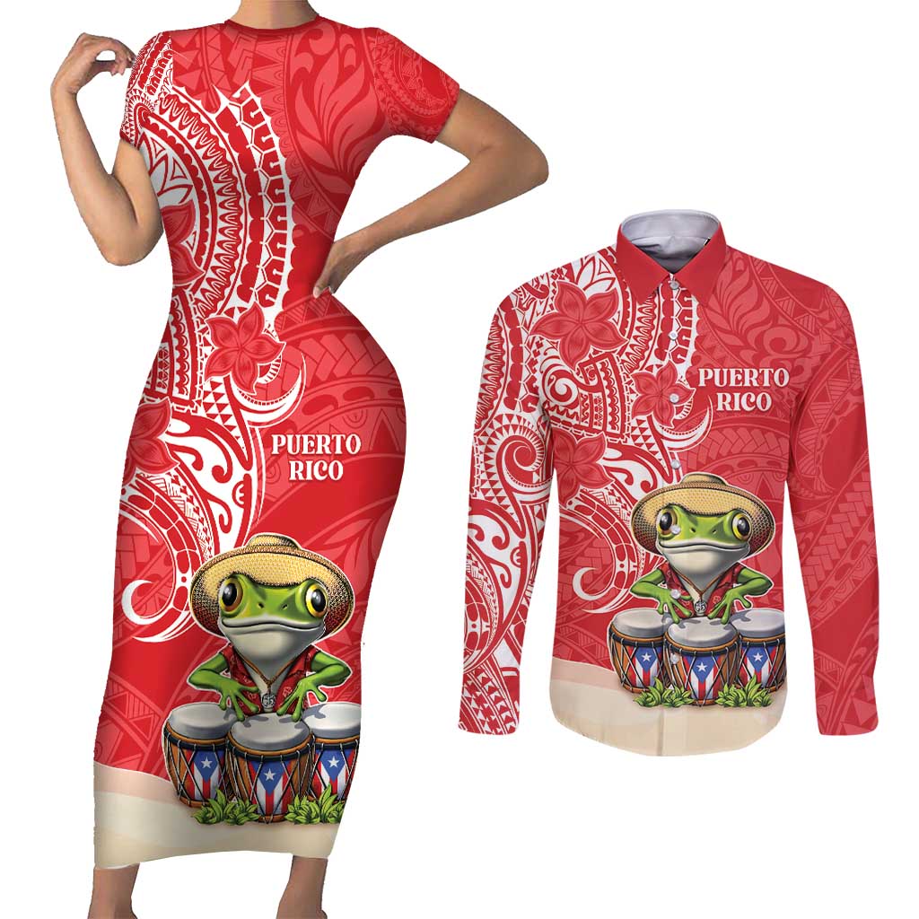 Personalized Puerto Rico Couples Matching Short Sleeve Bodycon Dress and Long Sleeve Button Shirt Coqui Frog With Polynesian Pattern LT05 Red - Polynesian Pride