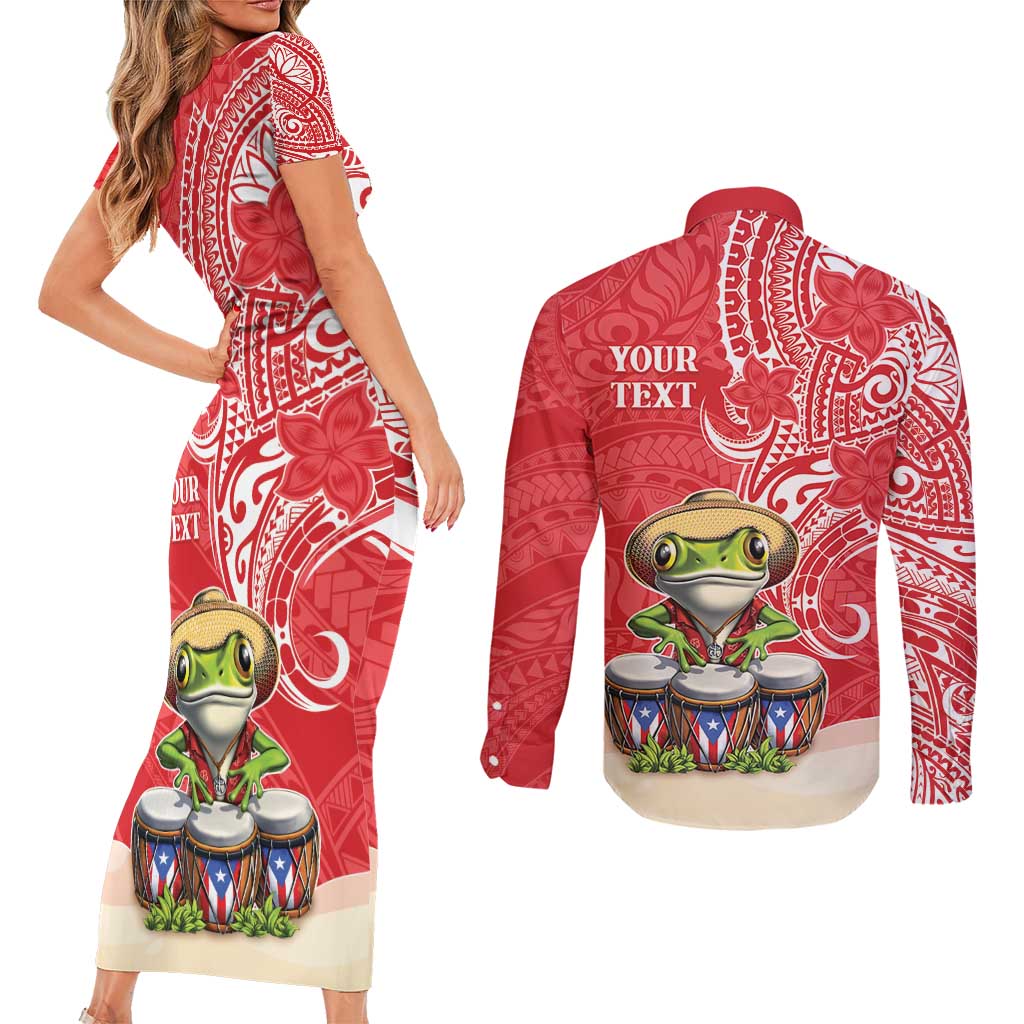 Personalized Puerto Rico Couples Matching Short Sleeve Bodycon Dress and Long Sleeve Button Shirt Coqui Frog With Polynesian Pattern - Polynesian Pride