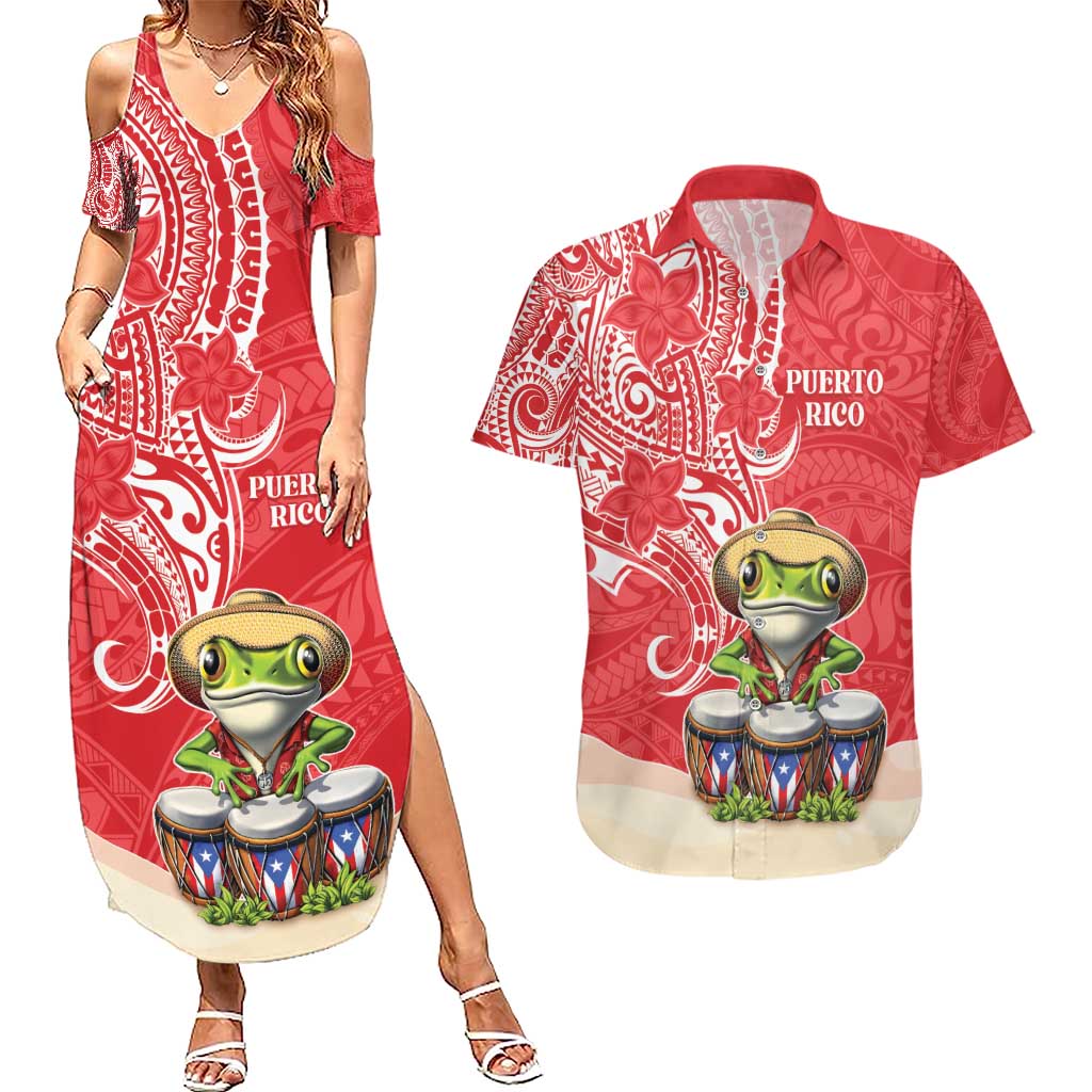 Personalized Puerto Rico Couples Matching Summer Maxi Dress and Hawaiian Shirt Coqui Frog With Polynesian Pattern LT05 Red - Polynesian Pride