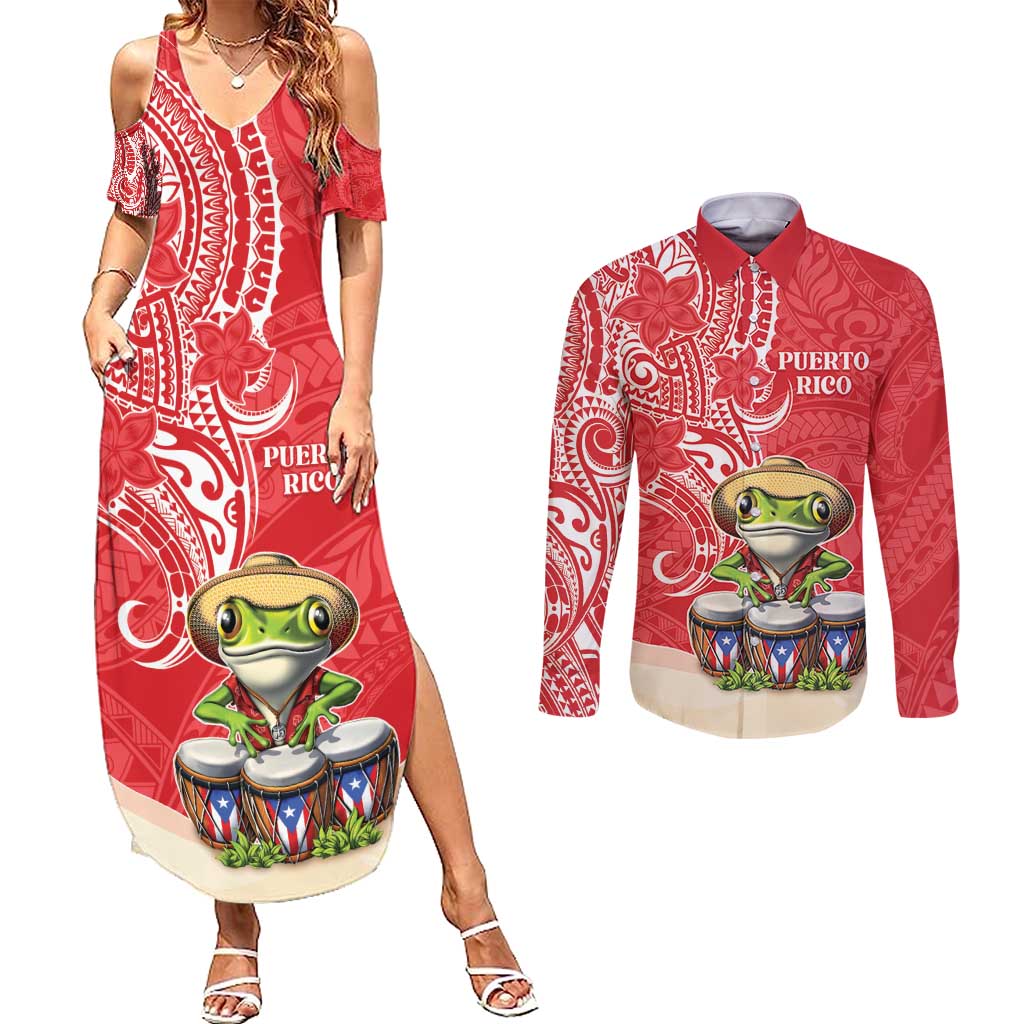 Personalized Puerto Rico Couples Matching Summer Maxi Dress and Long Sleeve Button Shirt Coqui Frog With Polynesian Pattern LT05 Red - Polynesian Pride