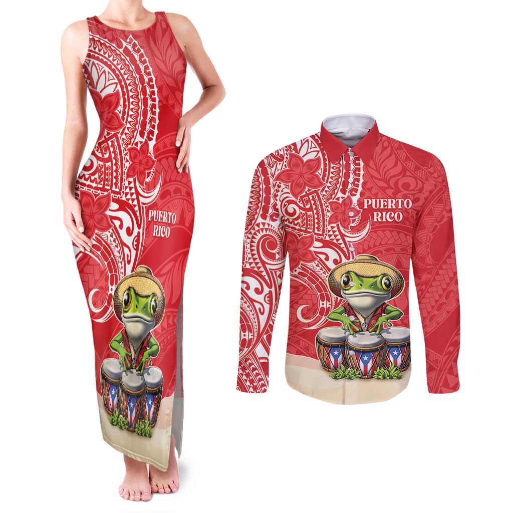 Personalized Puerto Rico Couples Matching Tank Maxi Dress and Long Sleeve Button Shirt Coqui Frog With Polynesian Pattern LT05 Red - Polynesian Pride