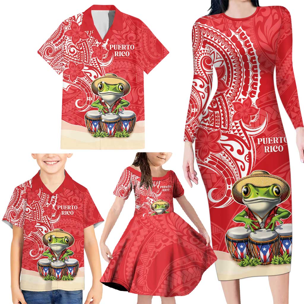 Personalized Puerto Rico Family Matching Long Sleeve Bodycon Dress and Hawaiian Shirt Coqui Frog With Polynesian Pattern LT05 - Polynesian Pride