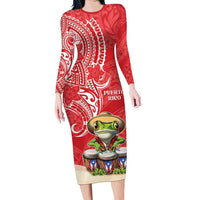 Personalized Puerto Rico Family Matching Long Sleeve Bodycon Dress and Hawaiian Shirt Coqui Frog With Polynesian Pattern LT05 Mom's Dress Red - Polynesian Pride