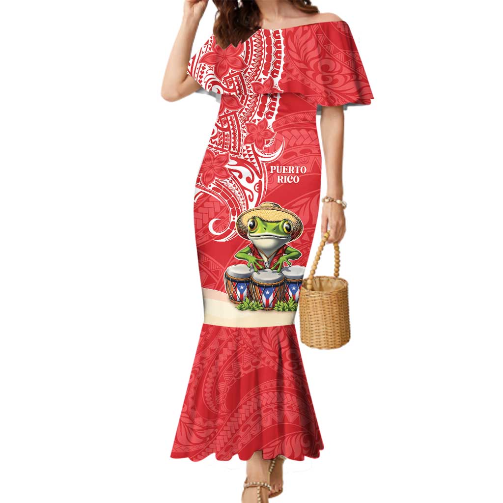 Personalized Puerto Rico Family Matching Mermaid Dress and Hawaiian Shirt Coqui Frog With Polynesian Pattern LT05 Mom's Dress Red - Polynesian Pride