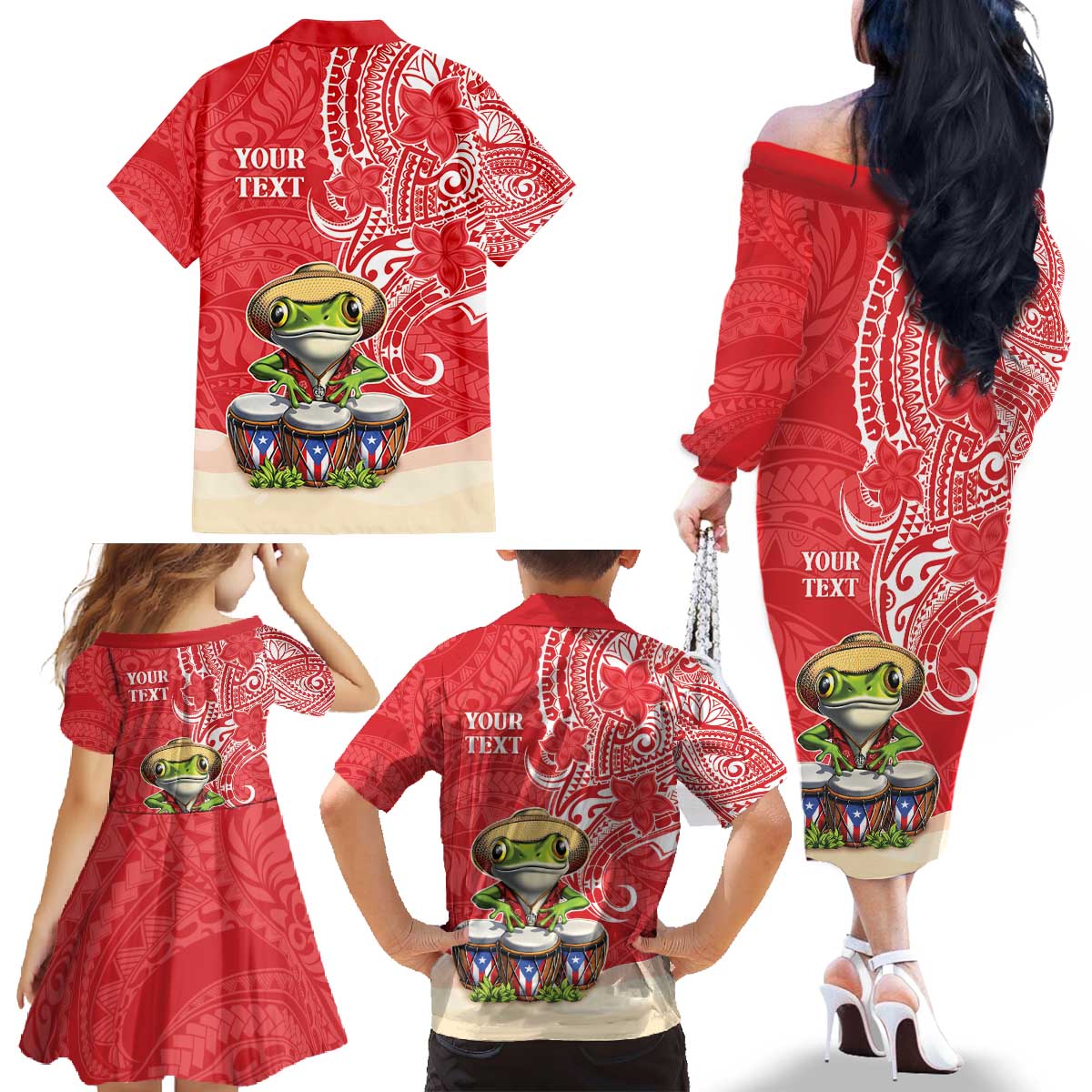 Personalized Puerto Rico Family Matching Off The Shoulder Long Sleeve Dress and Hawaiian Shirt Coqui Frog With Polynesian Pattern LT05 - Polynesian Pride