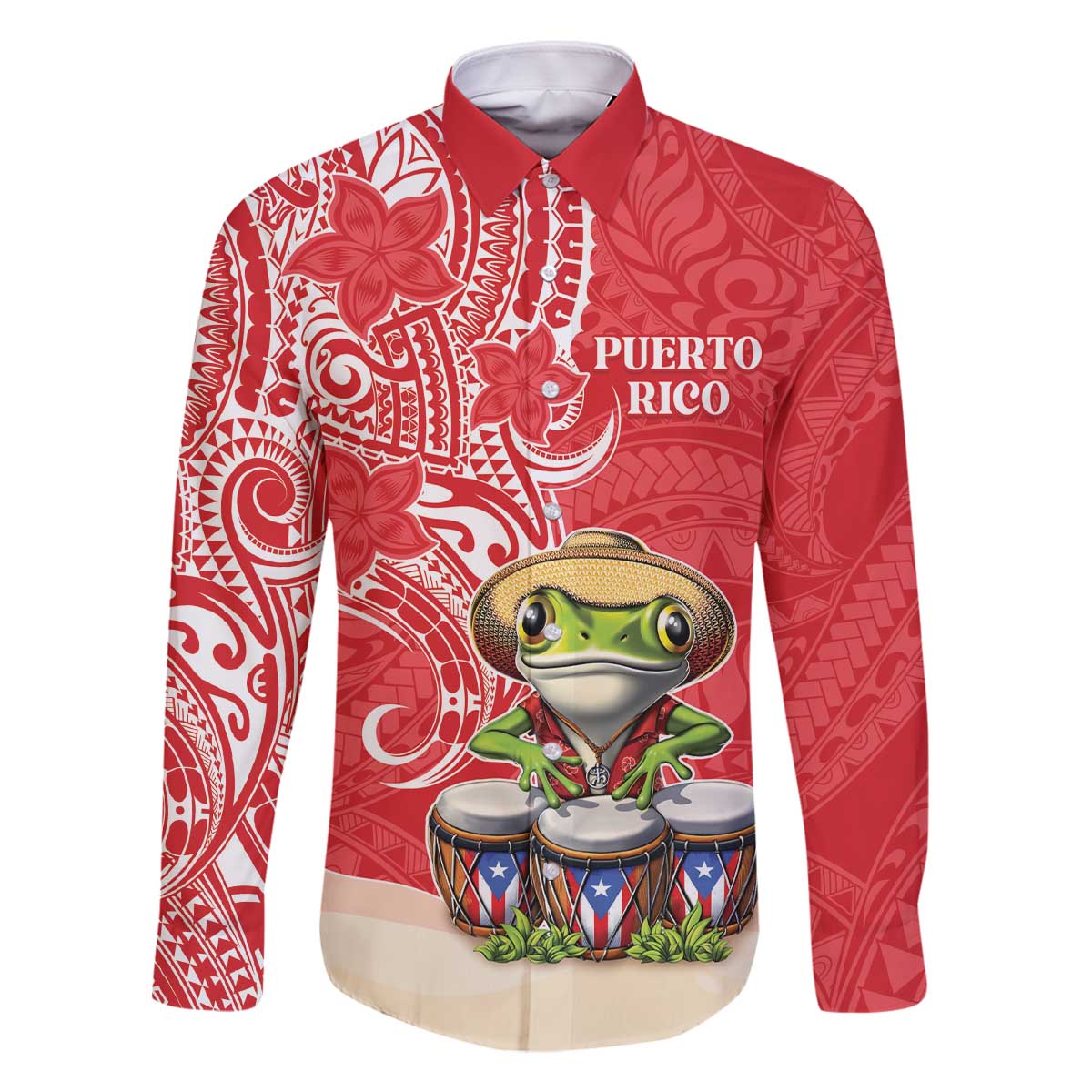 Personalized Puerto Rico Family Matching Off The Shoulder Long Sleeve Dress and Hawaiian Shirt Coqui Frog With Polynesian Pattern LT05 Dad's Shirt - Long Sleeve Red - Polynesian Pride