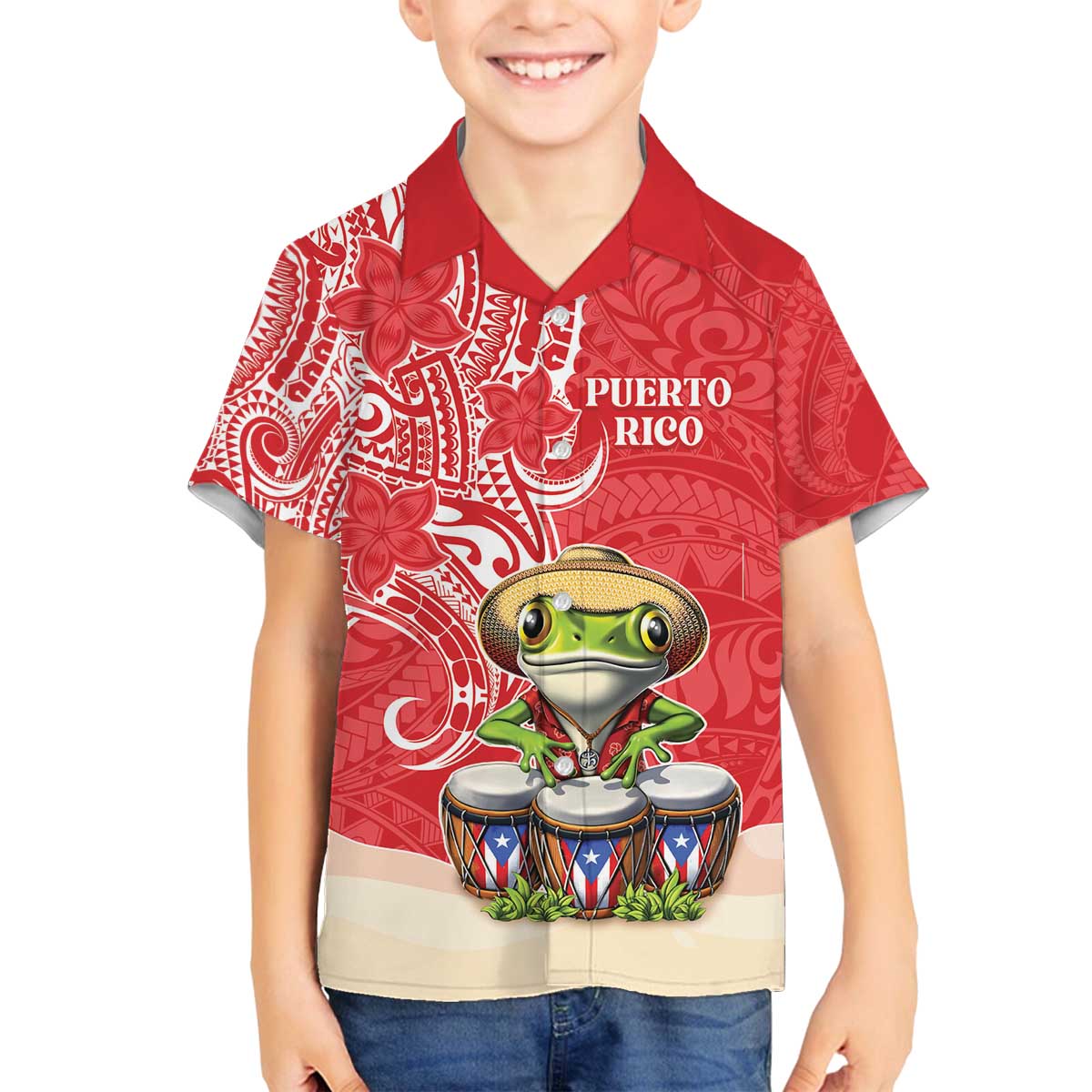 Personalized Puerto Rico Family Matching Off The Shoulder Long Sleeve Dress and Hawaiian Shirt Coqui Frog With Polynesian Pattern LT05 Son's Shirt Red - Polynesian Pride