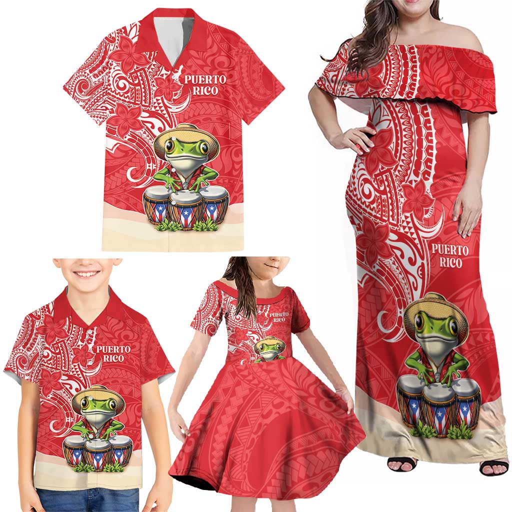Personalized Puerto Rico Family Matching Off Shoulder Maxi Dress and Hawaiian Shirt Coqui Frog With Polynesian Pattern LT05 - Polynesian Pride
