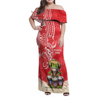 Personalized Puerto Rico Family Matching Off Shoulder Maxi Dress and Hawaiian Shirt Coqui Frog With Polynesian Pattern LT05 Mom's Dress Red - Polynesian Pride