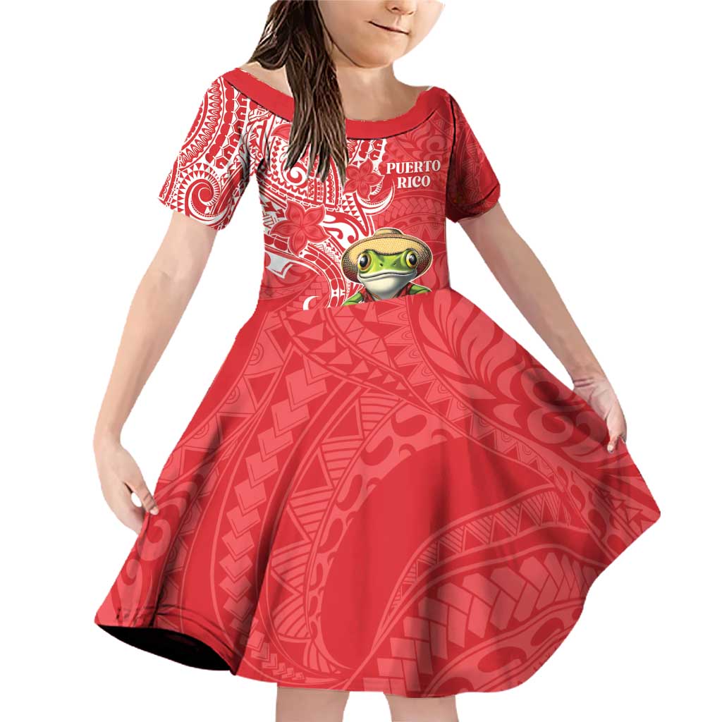 Personalized Puerto Rico Family Matching Off Shoulder Short Dress and Hawaiian Shirt Coqui Frog With Polynesian Pattern LT05 Daughter's Dress Red - Polynesian Pride