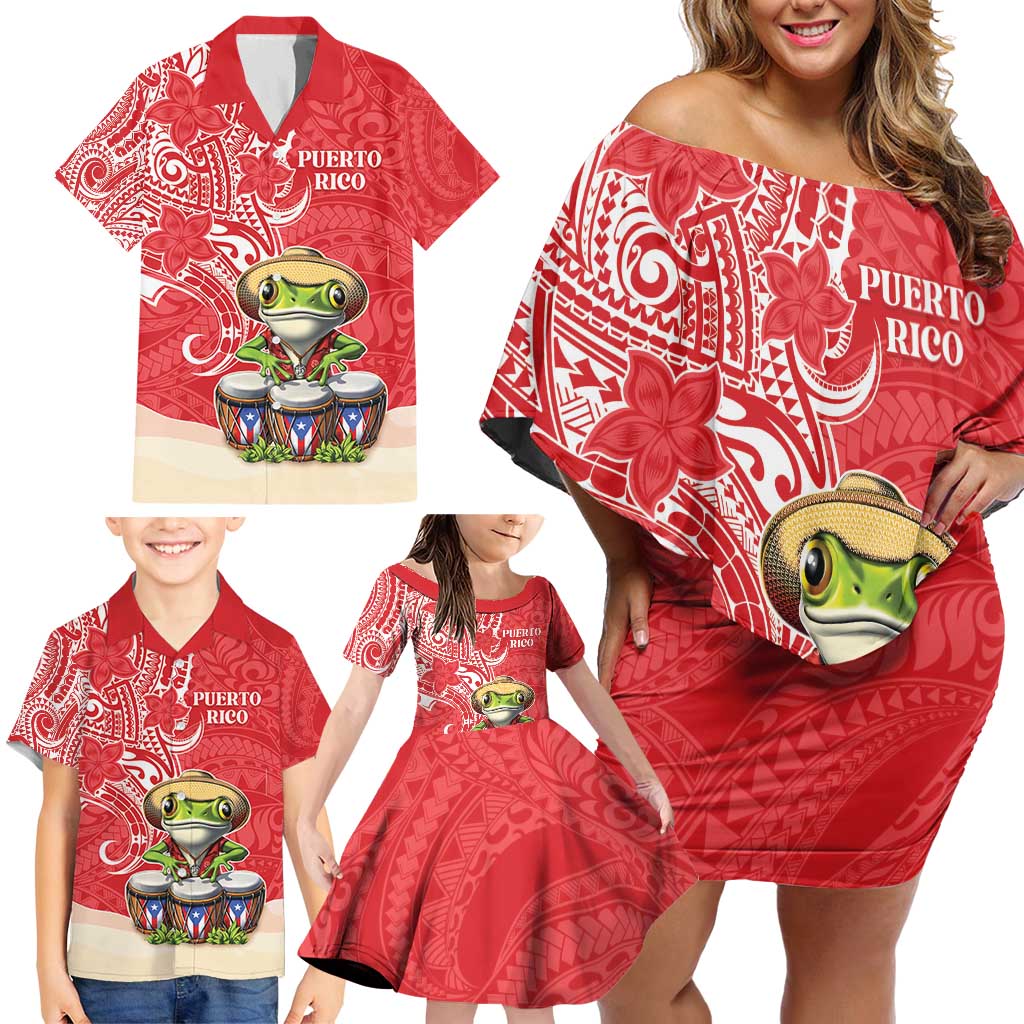 Personalized Puerto Rico Family Matching Off Shoulder Short Dress and Hawaiian Shirt Coqui Frog With Polynesian Pattern LT05 - Polynesian Pride