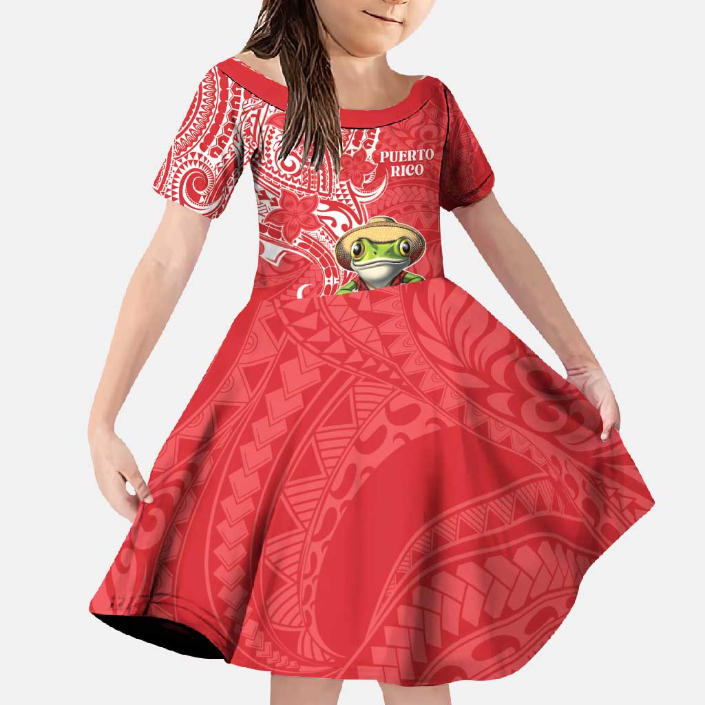 Personalized Puerto Rico Family Matching Short Sleeve Bodycon Dress and Hawaiian Shirt Coqui Frog With Polynesian Pattern LT05 Daughter's Dress Red - Polynesian Pride