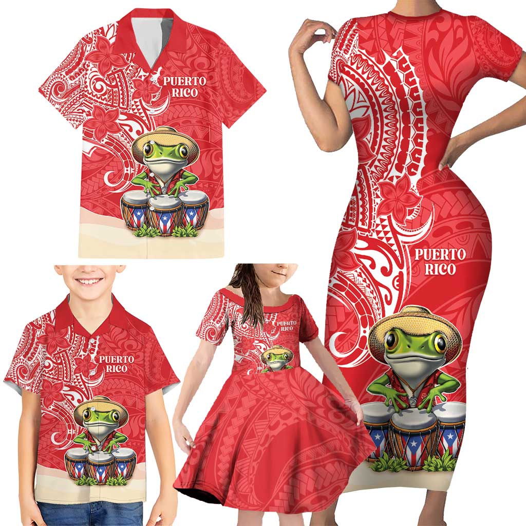 Personalized Puerto Rico Family Matching Short Sleeve Bodycon Dress and Hawaiian Shirt Coqui Frog With Polynesian Pattern LT05 - Polynesian Pride