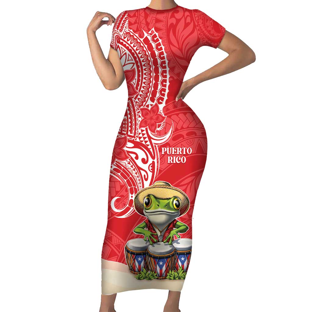 Personalized Puerto Rico Family Matching Short Sleeve Bodycon Dress and Hawaiian Shirt Coqui Frog With Polynesian Pattern LT05 Mom's Dress Red - Polynesian Pride