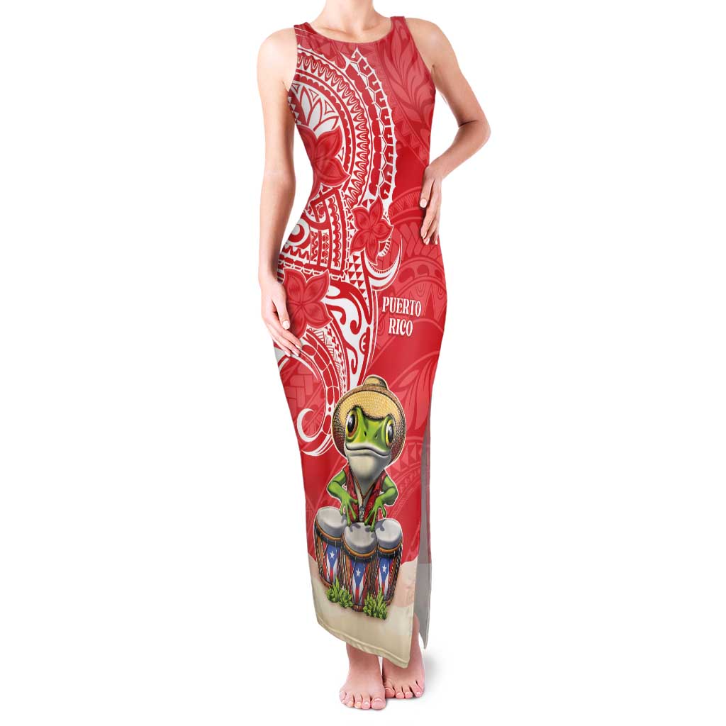 Personalized Puerto Rico Family Matching Tank Maxi Dress and Hawaiian Shirt Coqui Frog With Polynesian Pattern LT05 Mom's Dress Red - Polynesian Pride