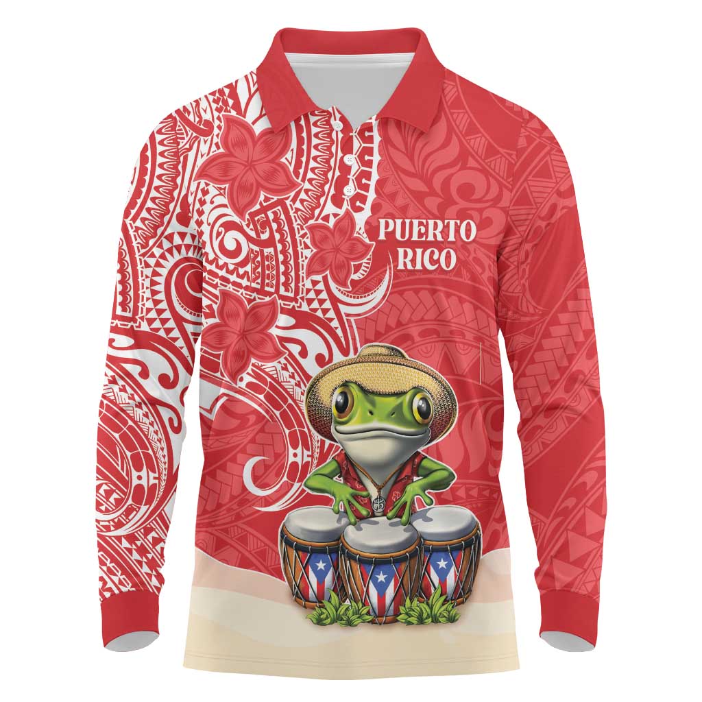 Personalized Puerto Rico Long Sleeve Polo Shirt Coqui Frog With Polynesian Pattern LT05 Red - Polynesian Pride