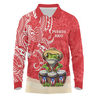 Personalized Puerto Rico Long Sleeve Polo Shirt Coqui Frog With Polynesian Pattern LT05 Red - Polynesian Pride