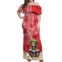 Personalized Puerto Rico Off Shoulder Maxi Dress Coqui Frog With Polynesian Pattern LT05 Women Red - Polynesian Pride