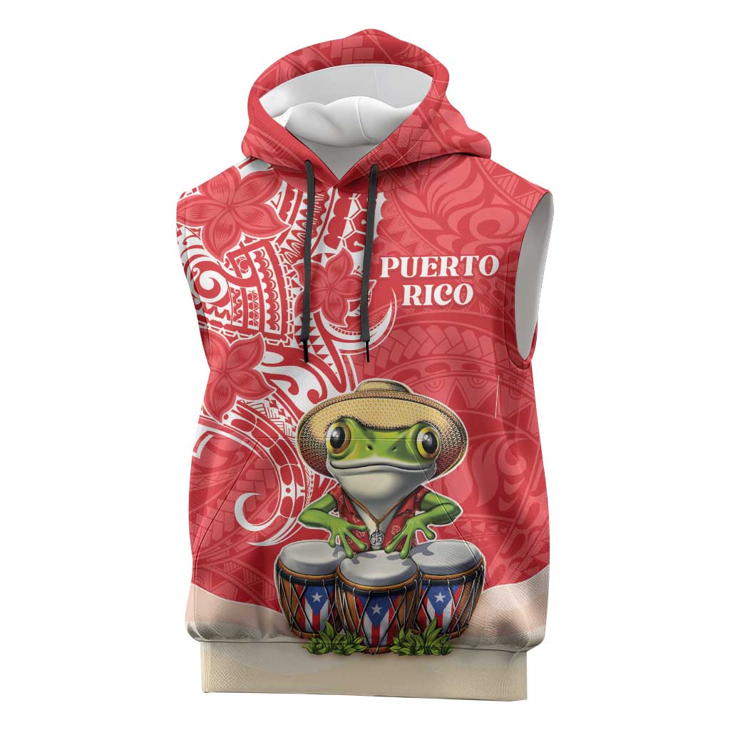 Personalized Puerto Rico Sleeveless Hoodie Coqui Frog With Polynesian Pattern LT05 Red - Polynesian Pride