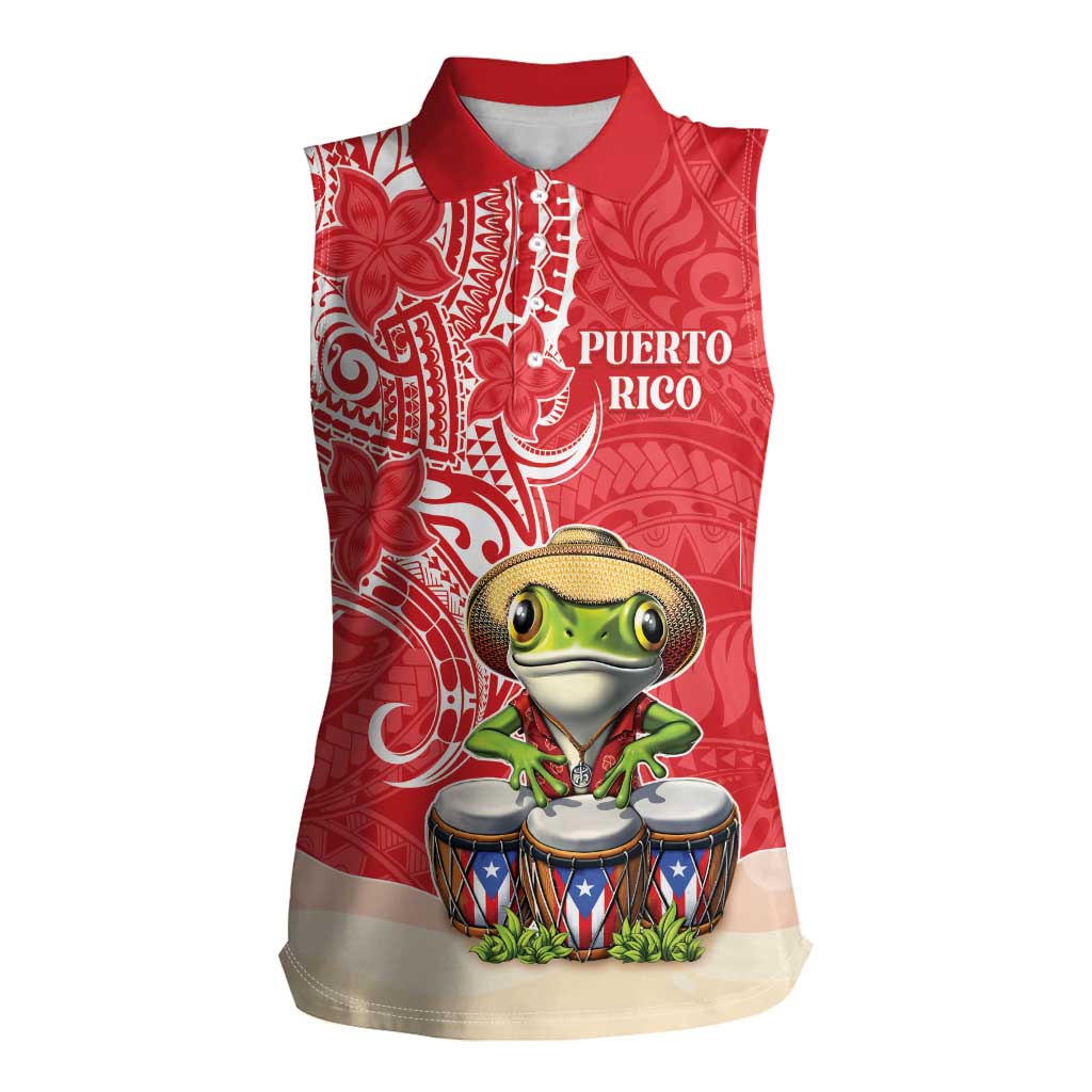Personalized Puerto Rico Women Sleeveless Polo Shirt Coqui Frog With Polynesian Pattern LT05 Female Red - Polynesian Pride