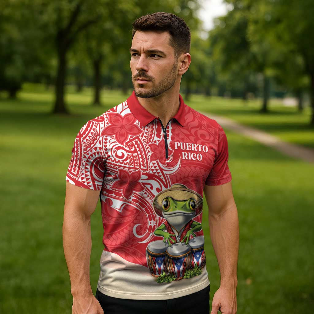 Personalized Puerto Rico Zipper Polo Shirt Coqui Frog With Polynesian Pattern - Polynesian Pride
