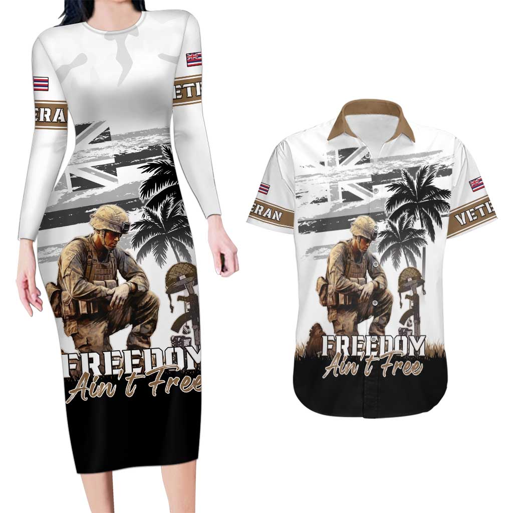 Hawaii Veterans Day Couples Matching Long Sleeve Bodycon Dress and Hawaiian Shirt Honor The Fallen Flag Grunge Style LT05 White - Polynesian Pride