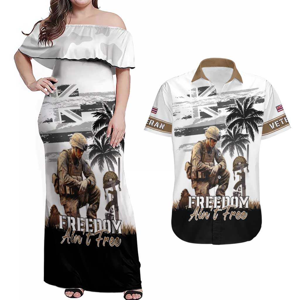 Hawaii Veterans Day Couples Matching Off Shoulder Maxi Dress and Hawaiian Shirt Honor The Fallen Flag Grunge Style LT05 White - Polynesian Pride