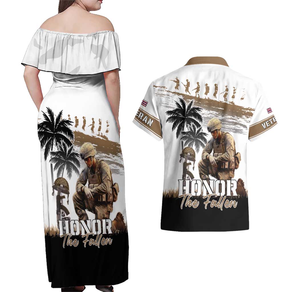 Hawaii Veterans Day Couples Matching Off Shoulder Maxi Dress and Hawaiian Shirt Honor The Fallen Flag Grunge Style LT05 - Polynesian Pride
