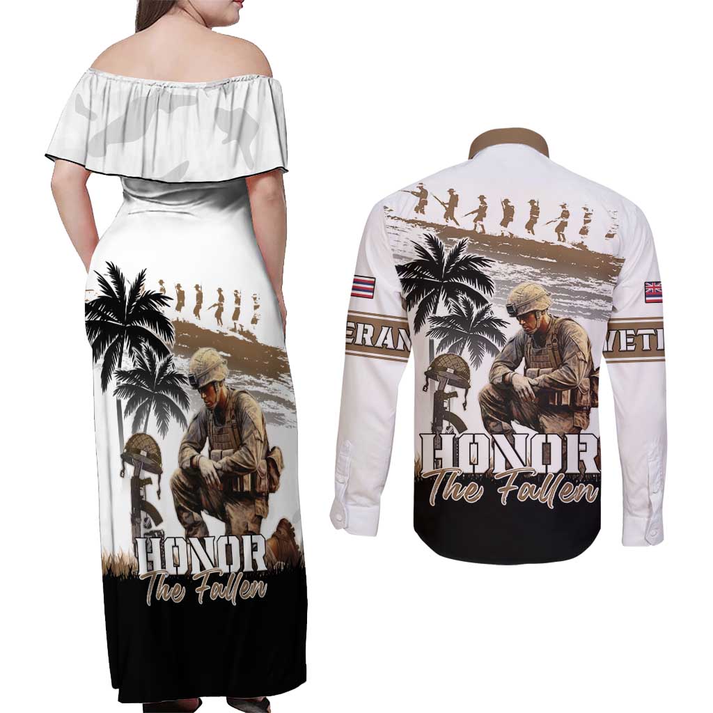 Hawaii Veterans Day Couples Matching Off Shoulder Maxi Dress and Long Sleeve Button Shirt Honor The Fallen Flag Grunge Style