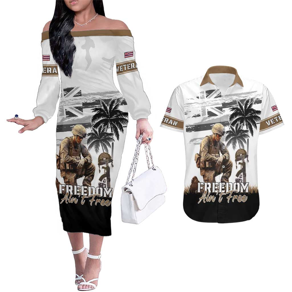 Hawaii Veterans Day Couples Matching Off The Shoulder Long Sleeve Dress and Hawaiian Shirt Honor The Fallen Flag Grunge Style