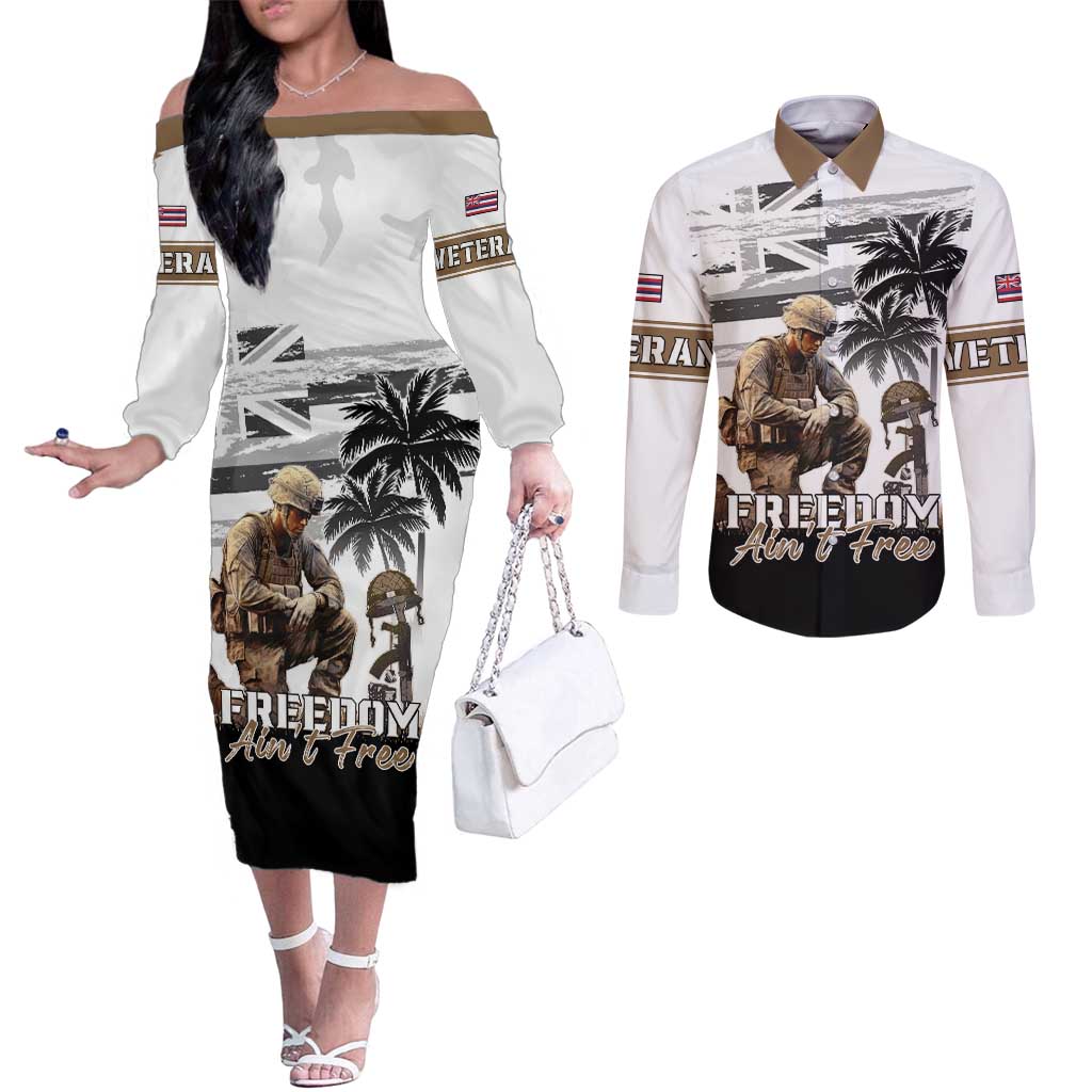 Hawaii Veterans Day Couples Matching Off The Shoulder Long Sleeve Dress and Long Sleeve Button Shirt Honor The Fallen Flag Grunge Style