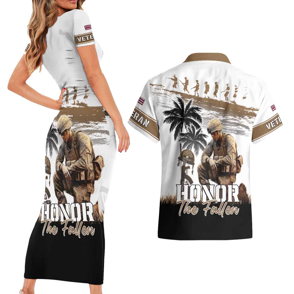 Hawaii Veterans Day Couples Matching Short Sleeve Bodycon Dress and Hawaiian Shirt Honor The Fallen Flag Grunge Style LT05 - Polynesian Pride
