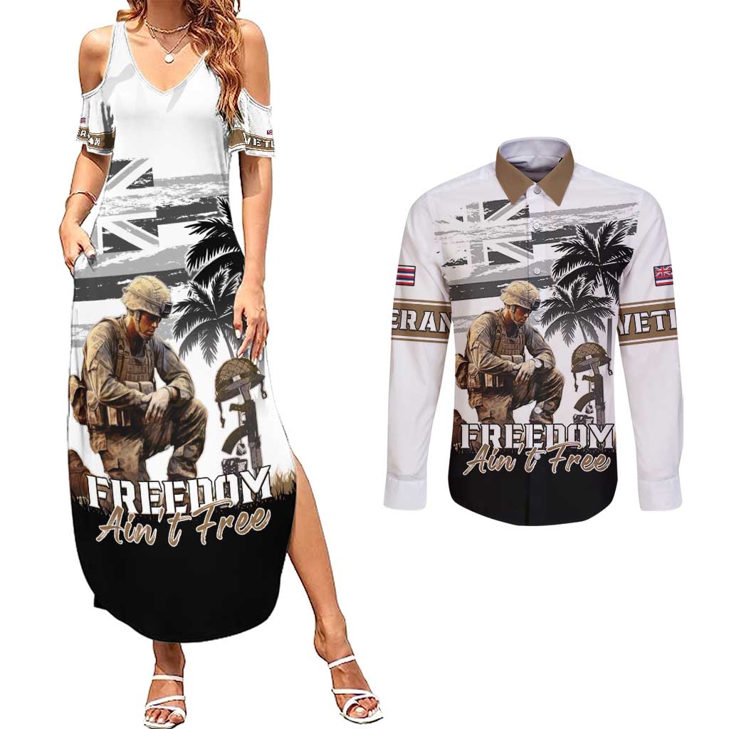 Hawaii Veterans Day Couples Matching Summer Maxi Dress and Long Sleeve Button Shirt Honor The Fallen Flag Grunge Style
