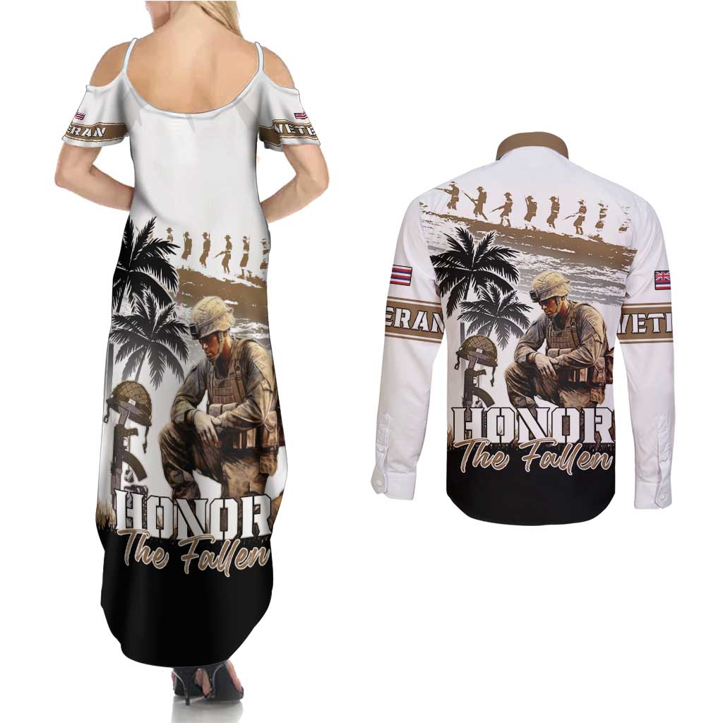 Hawaii Veterans Day Couples Matching Summer Maxi Dress and Long Sleeve Button Shirt Honor The Fallen Flag Grunge Style