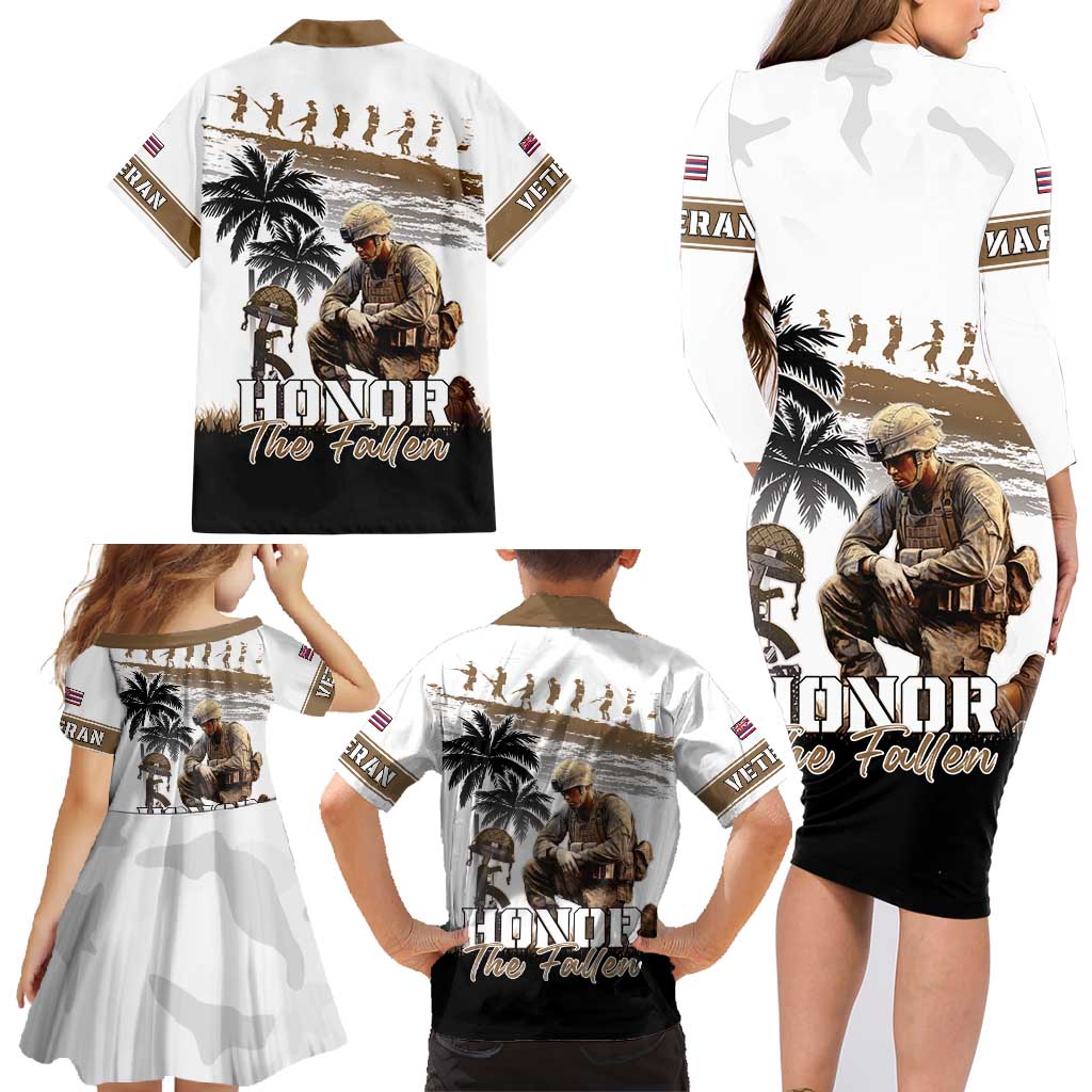 Hawaii Veterans Day Family Matching Long Sleeve Bodycon Dress and Hawaiian Shirt Honor The Fallen Flag Grunge Style