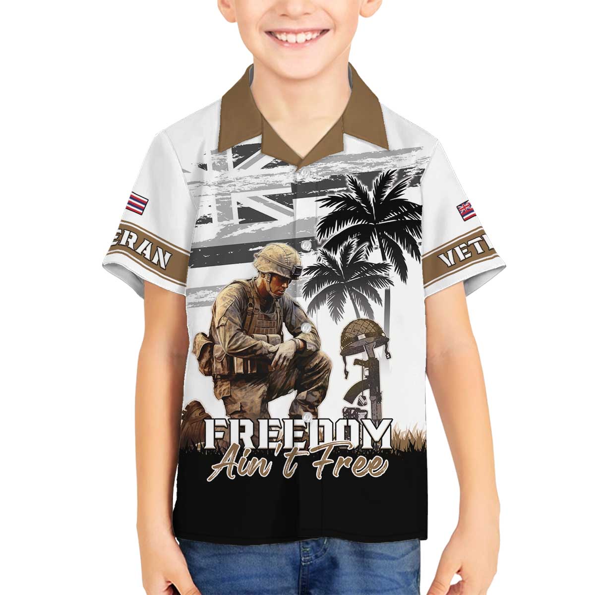 Hawaii Veterans Day Family Matching Off The Shoulder Long Sleeve Dress and Hawaiian Shirt Honor The Fallen Flag Grunge Style LT05 Son's Shirt White - Polynesian Pride