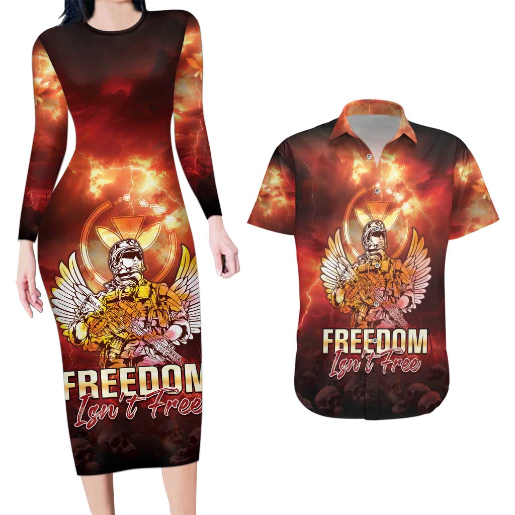 Hawaii Veterans Day Couples Matching Long Sleeve Bodycon Dress and Hawaiian Shirt May We Never Forget Freedom Isn't Free LT05 Red - Polynesian Pride