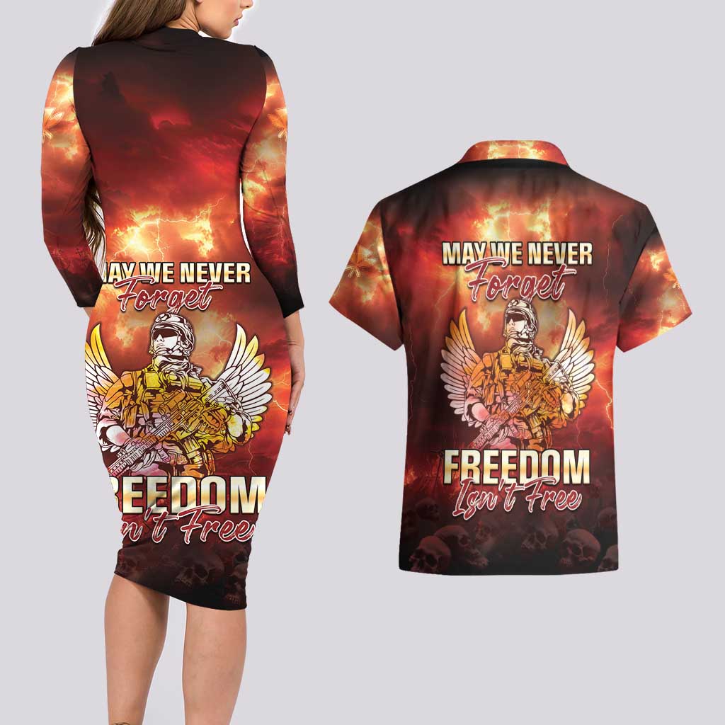 Hawaii Veterans Day Couples Matching Long Sleeve Bodycon Dress and Hawaiian Shirt May We Never Forget Freedom Isn't Free LT05 - Polynesian Pride
