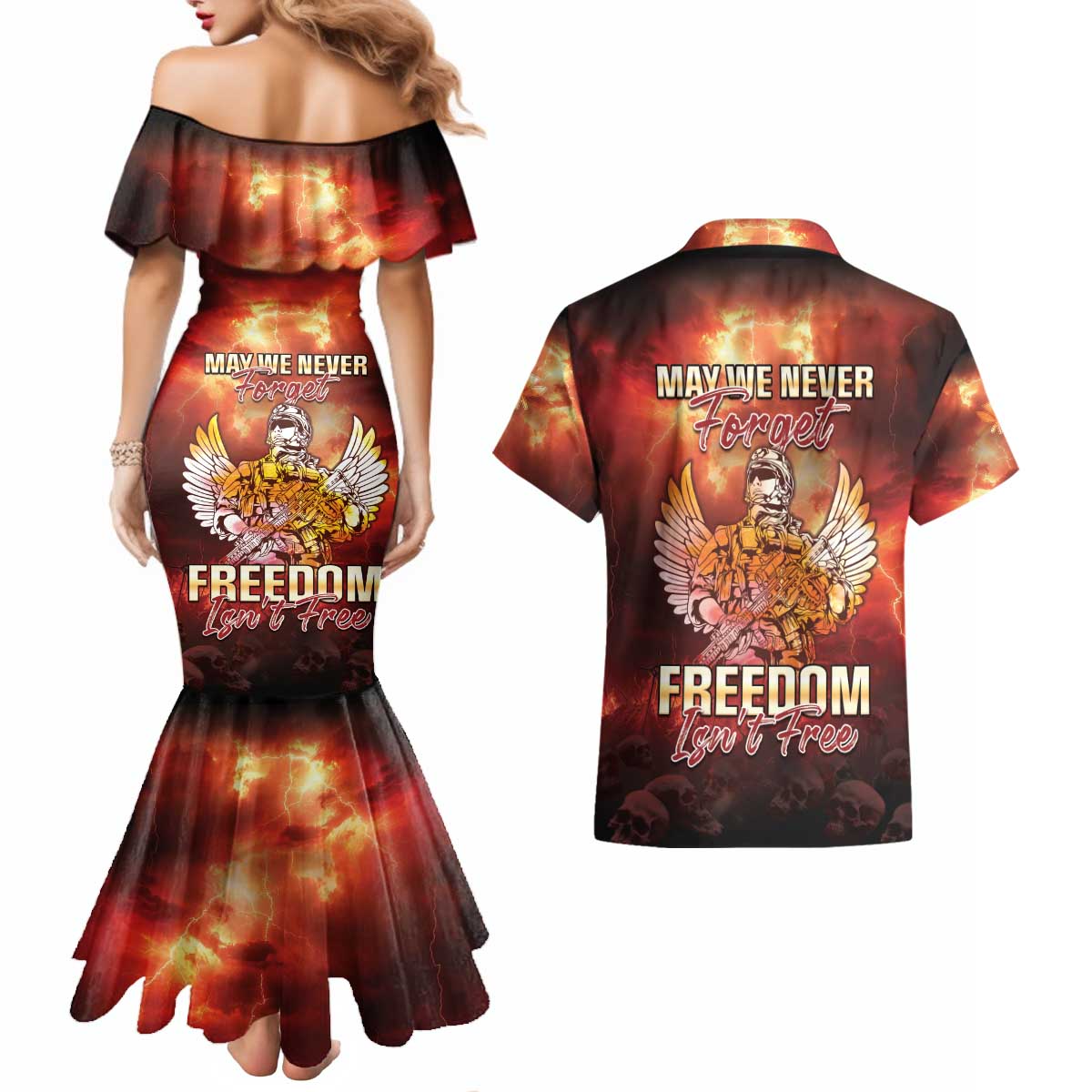 Hawaii Veterans Day Couples Matching Mermaid Dress and Hawaiian Shirt May We Never Forget Freedom Isn't Free LT05 - Polynesian Pride