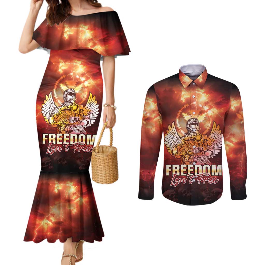 Hawaii Veterans Day Couples Matching Mermaid Dress and Long Sleeve Button Shirt May We Never Forget Freedom Isn't Free